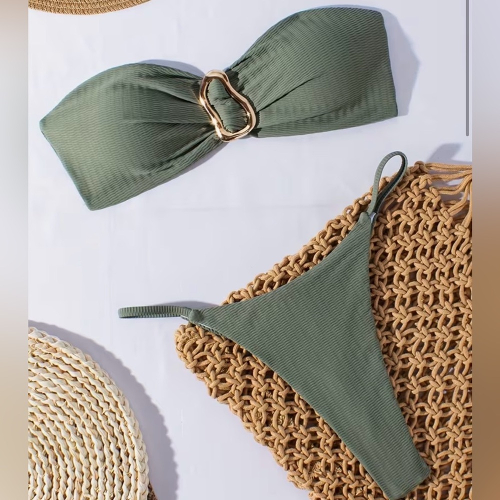 Ribbed Olive Bandeau Gold Accent Thong Bikini Set